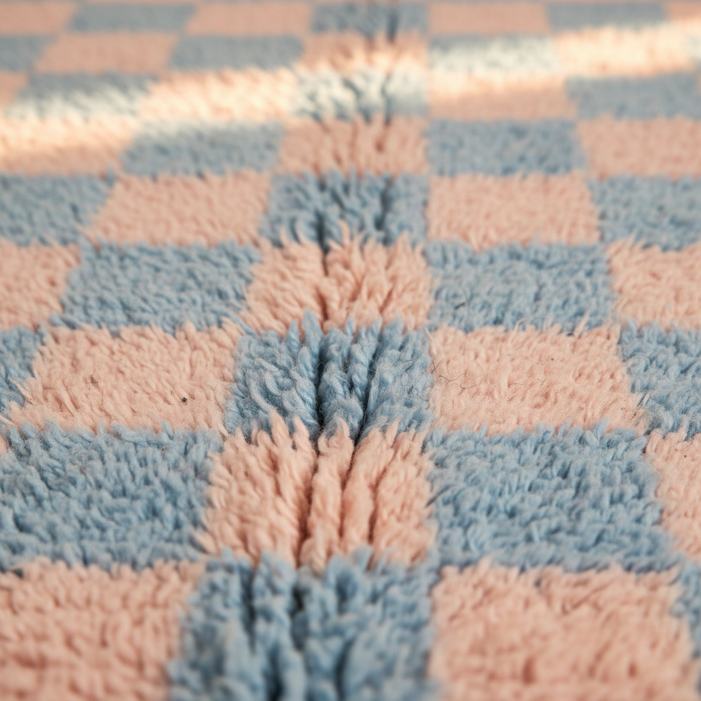 Close-up of a soft plush checkerboard rug in pastel pink and light blue, with a raised central ridge and shallow depth of field.