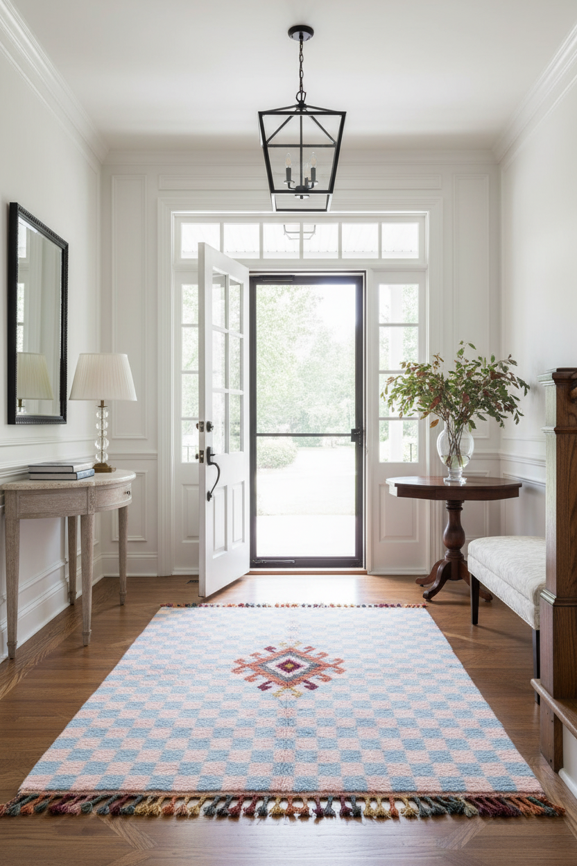 Entryway with a patterned rug, wooden door, and lamp.