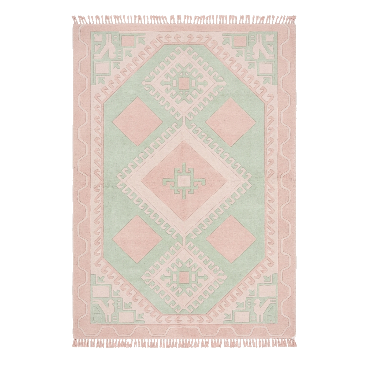 Decorative rug with geometric pattern in pink and green on a white background