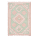 Decorative rug with geometric pattern in pink and green on a white background