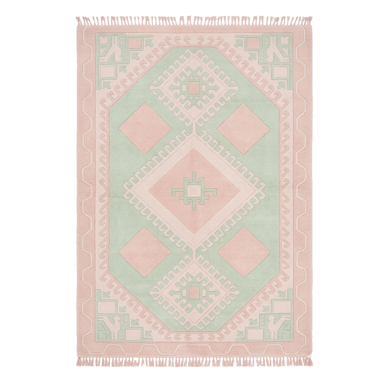 Decorative rug with geometric pattern in pink and green on a white background