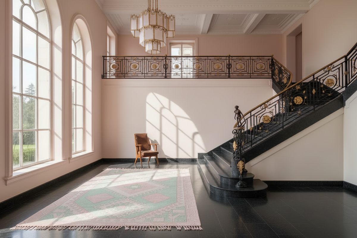 Staircase in a grand room with pink rug, large windows and a chandelier.