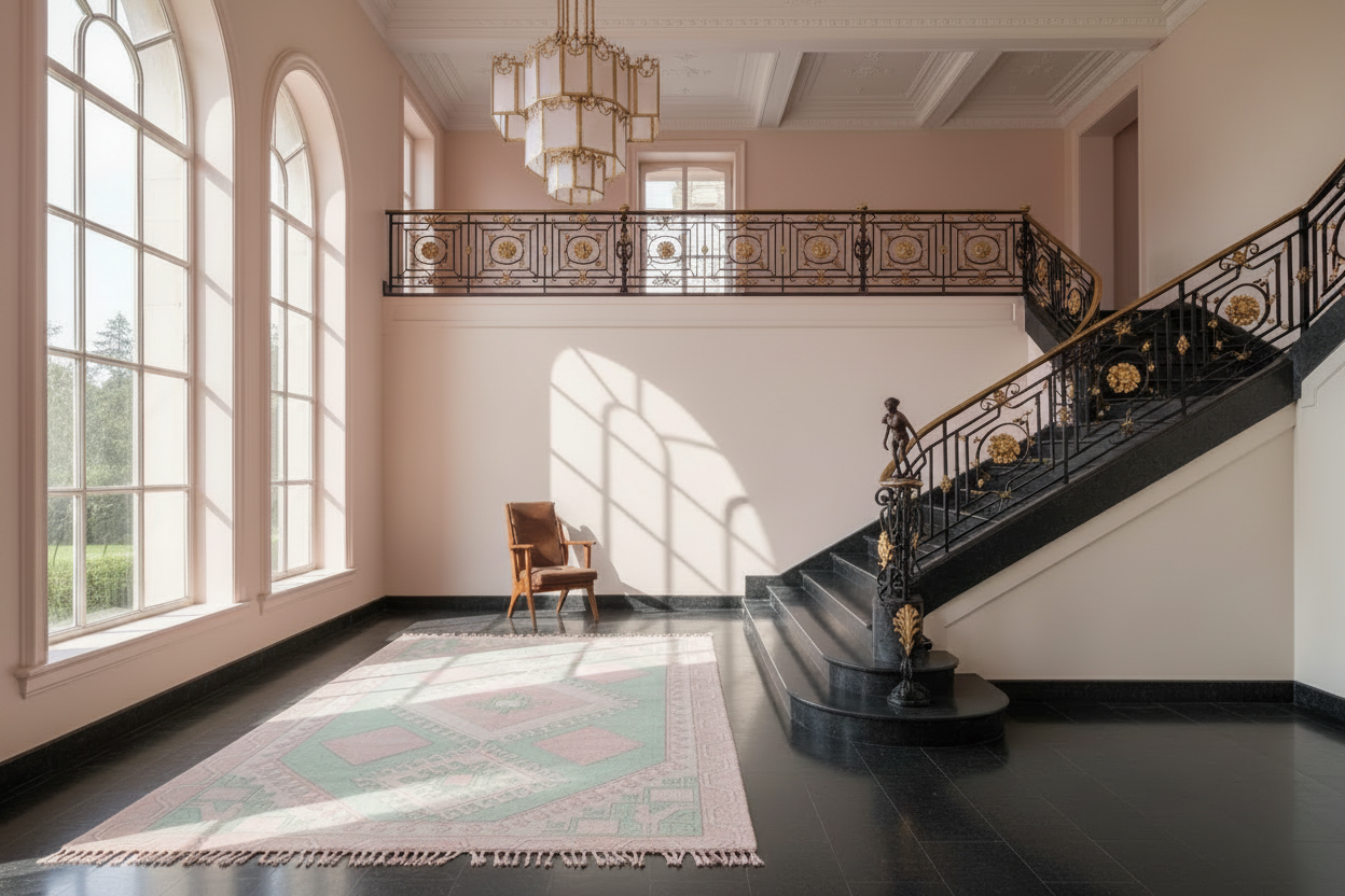 Staircase in a grand room with pink rug, large windows and a chandelier.
