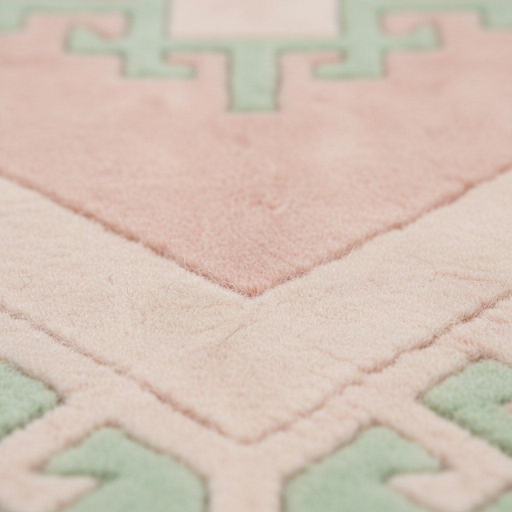 Close-up of a plush rug with a geometric pattern in soft pink, cream, and pale mint green, showing the texture and raised borders.