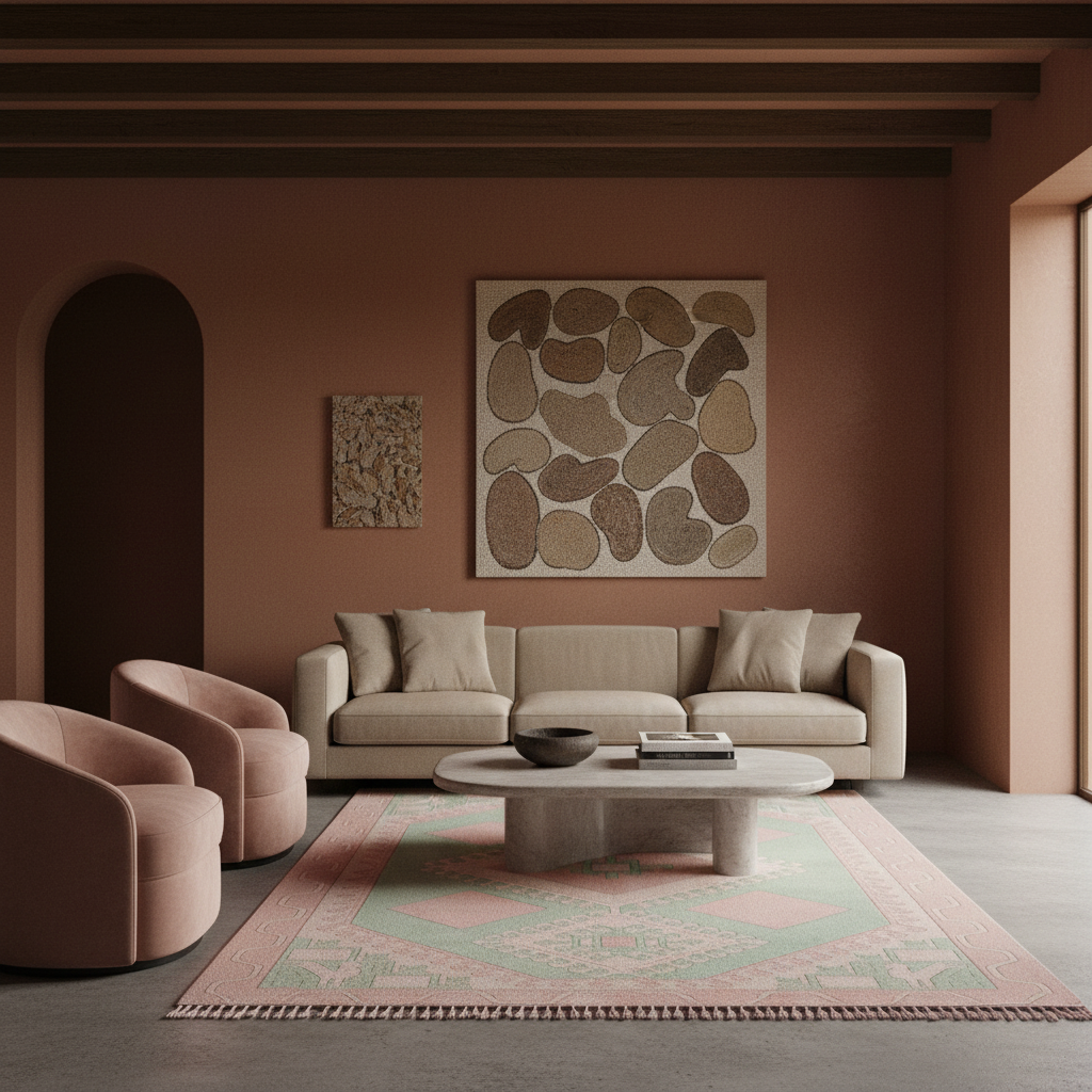 A styled living room interior with a beige sofa, two blush pink armchairs, a round stone coffee table, a patterned rug, and warm terracotta walls. A large abstract wall art piece hangs above the sofa.