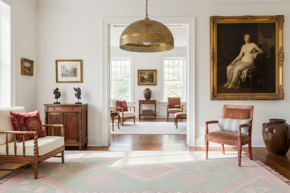 Living room with classical decor, including a pastel pink rug, a large painting of a woman on the wall.