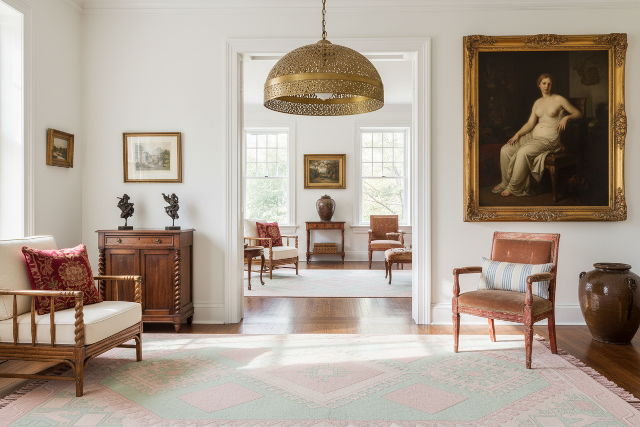 Living room with classical decor, including a pastel pink rug, a large painting of a woman on the wall.