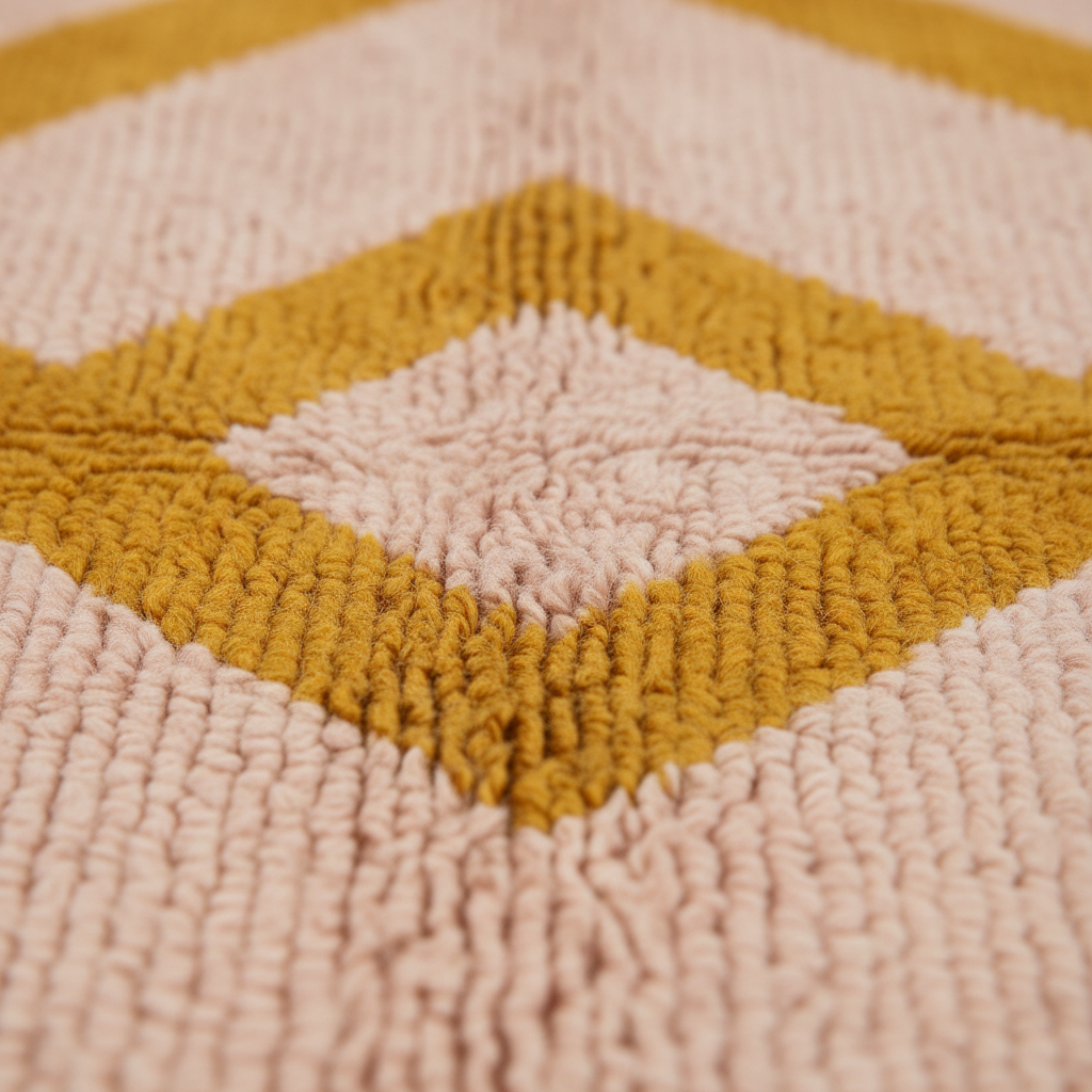 Close-up of a textured woven rug with a geometric diamond pattern in mustard yellow and pale blush pink.