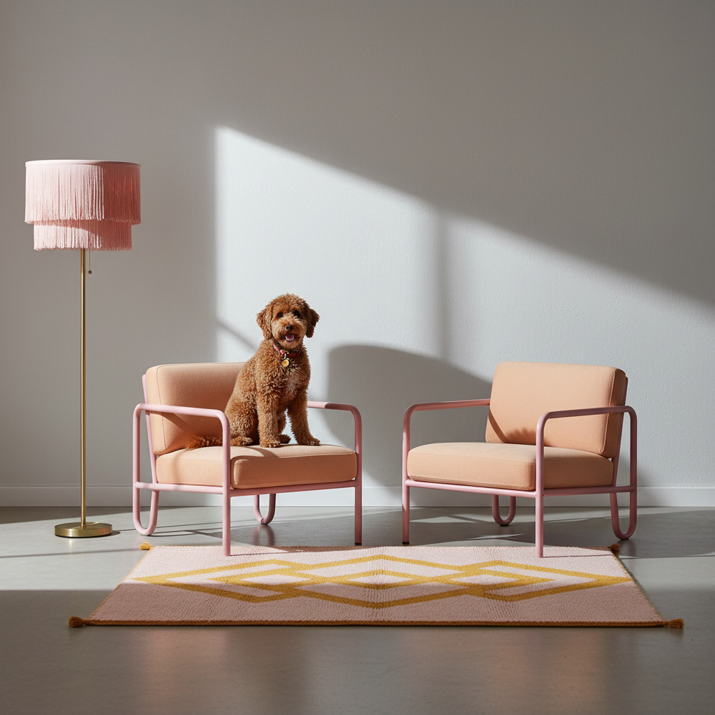 Two blush pink armchairs with metal frames are arranged in a modern room with a dog sitting on the left chair. A matching pink floor lamp stands on the left, and a geometric pink and gold rug is on the floor.