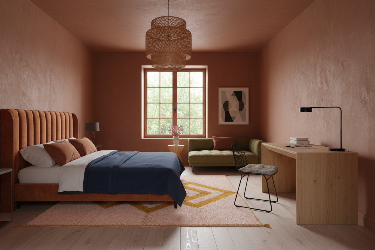 Modern bedroom with pink tribal rug, wooden furniture, and a large window.