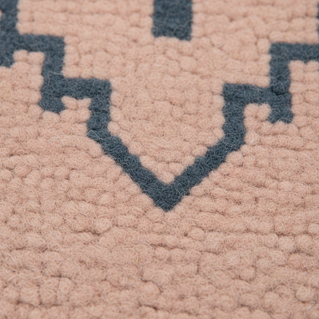 Close-up of a textured rug with a dusty pink field and a dark slate blue geometric pattern.