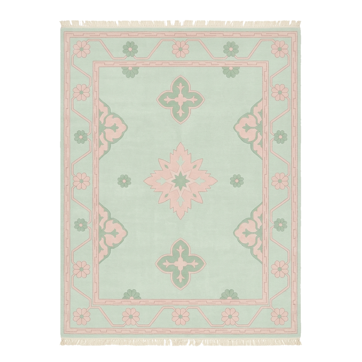 Decorative rug with pink and green geometric pattern on a light background