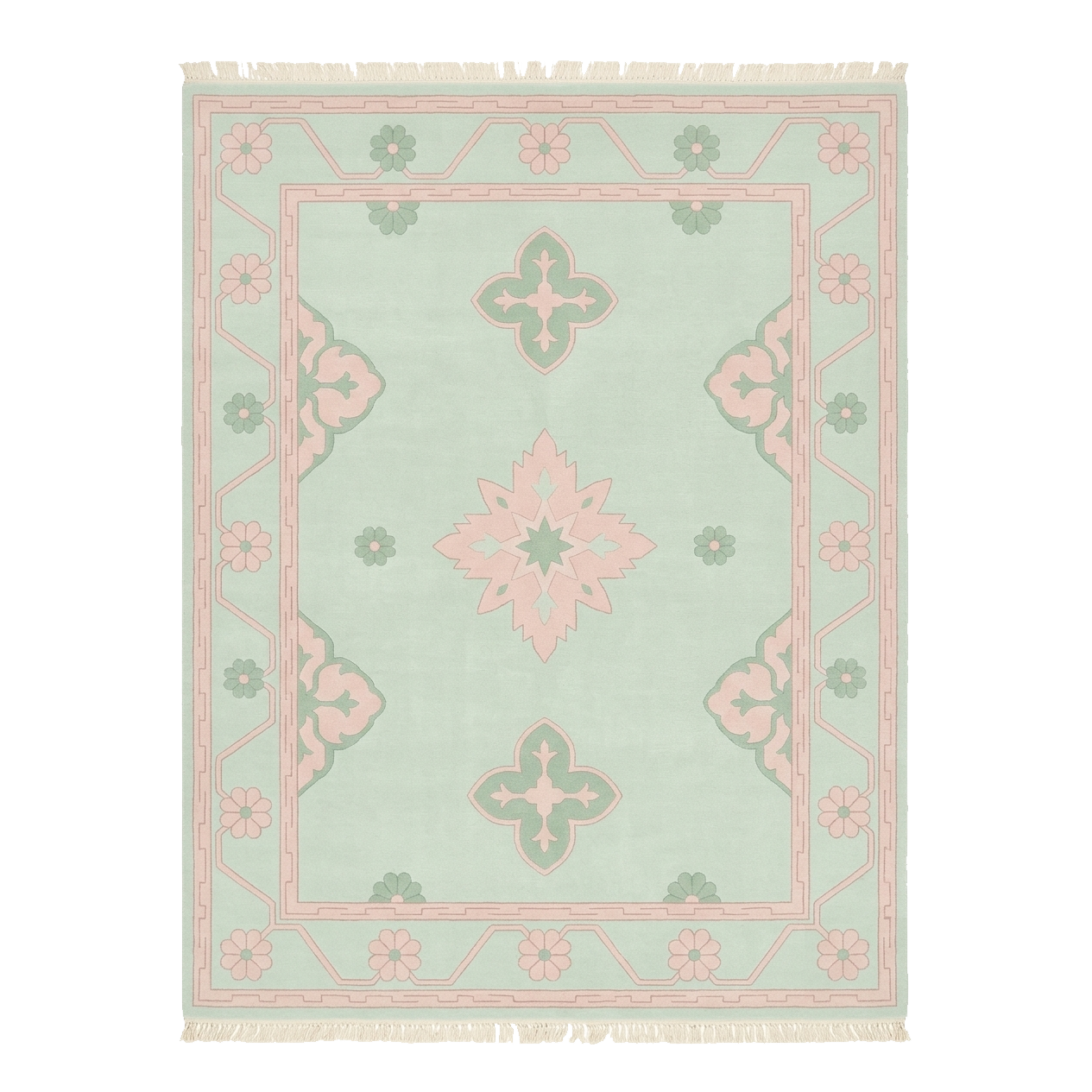 Decorative rug with pink and green geometric pattern on a light background