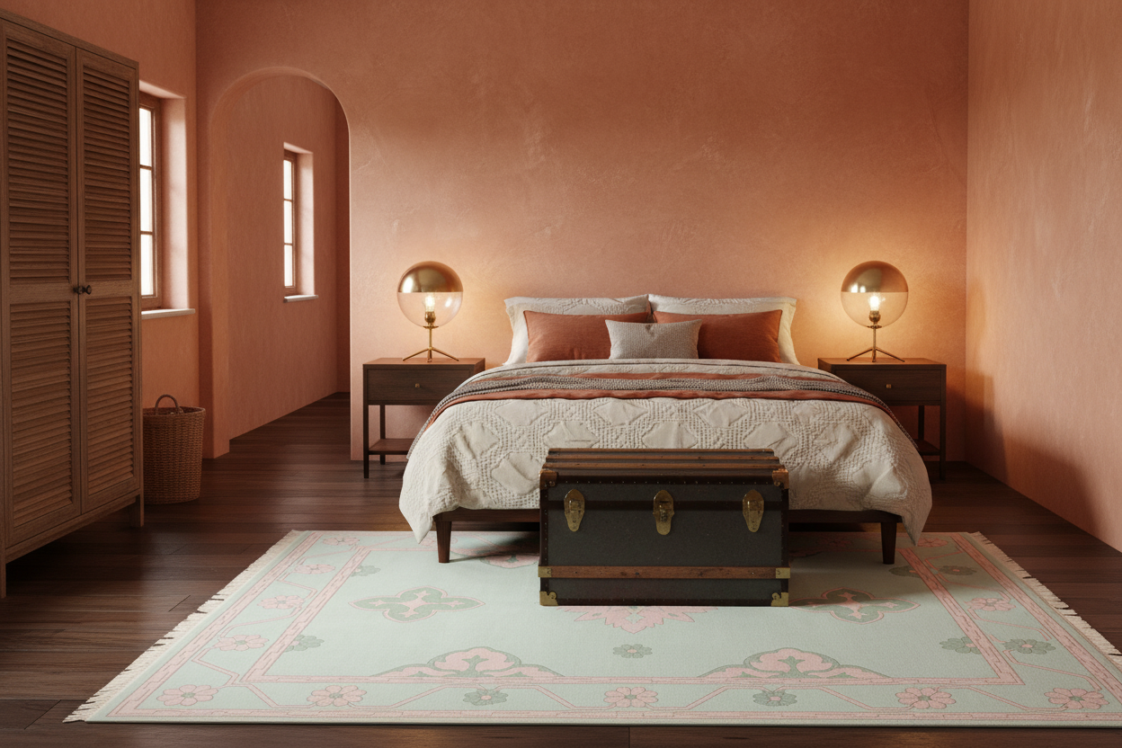 Neatly made bed in a bedroom with a green rug, nightstands, and a trunk.