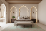 Modern bedroom with decorative rug, and a bed.