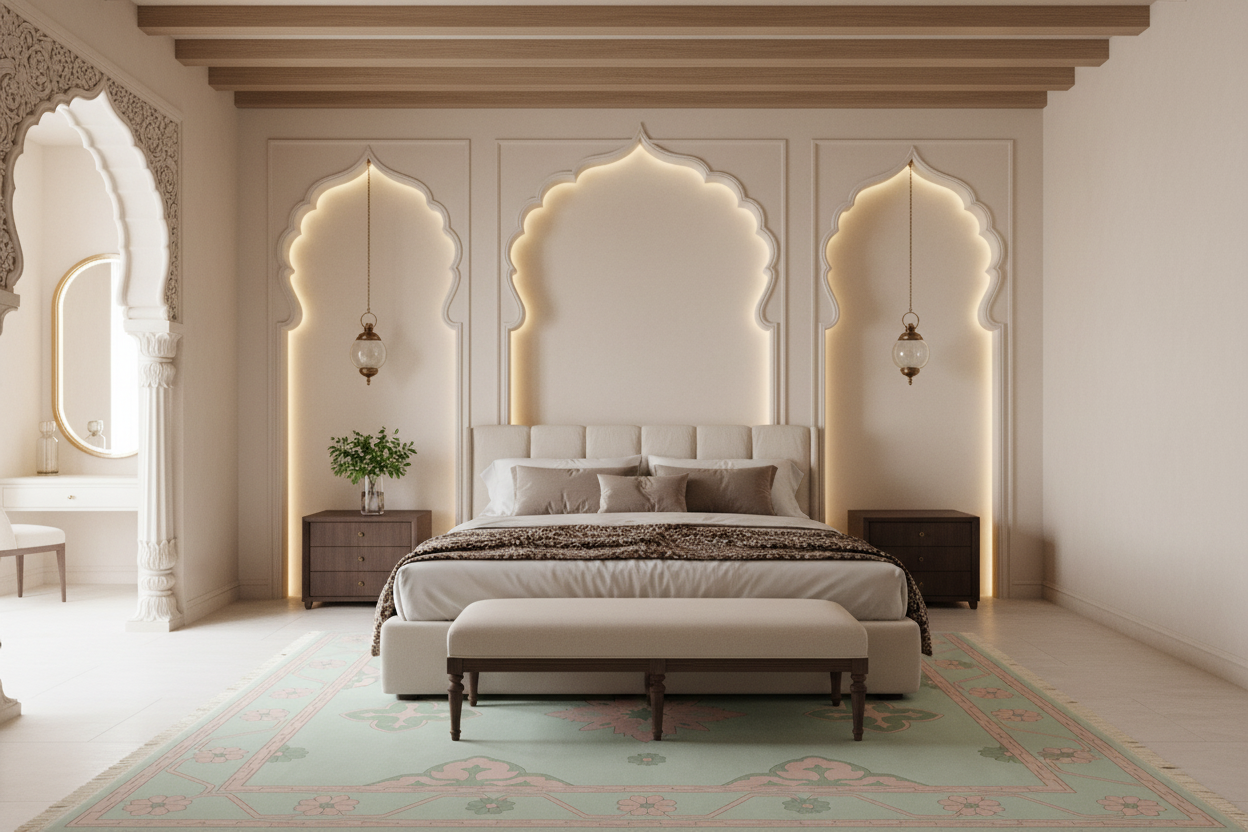Modern bedroom with decorative rug, and a bed.