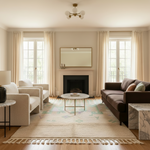 Modern living room with a brown sofa, beige rug, white armchair, and marble coffee table.