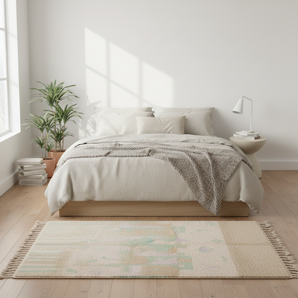 A styled bedroom scene with a bed dressed in cream bedding and a textured gray throw, set in a bright room with a light beige woven area rug in the foreground, plants, books, and a side table with a lamp.