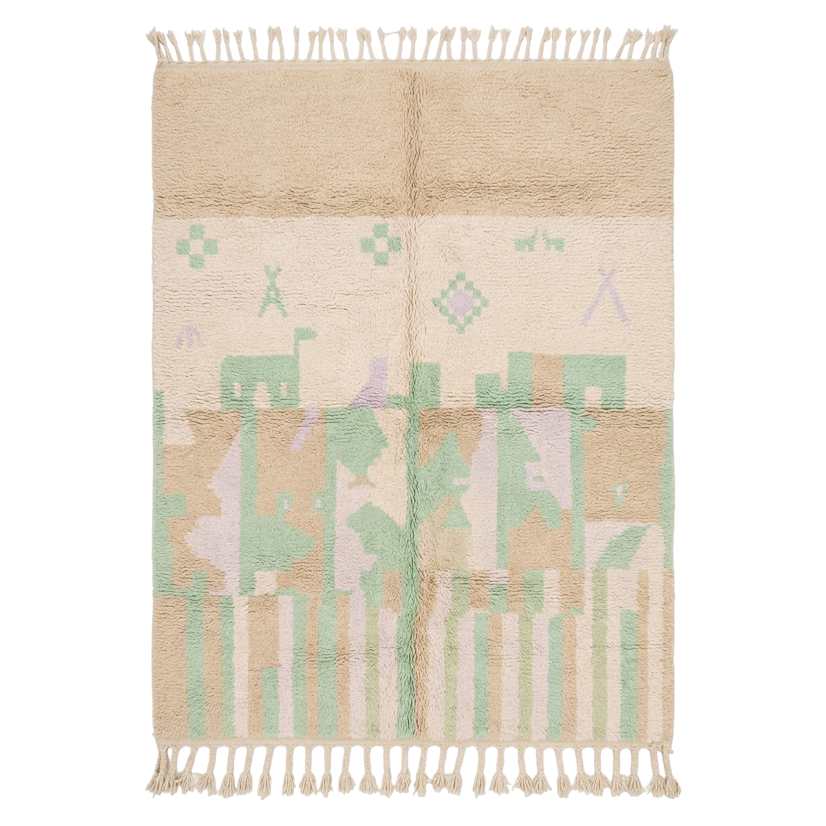 Pastel Plains Moroccan shag rug with fringed edges and mint, blush and tan geometric bands