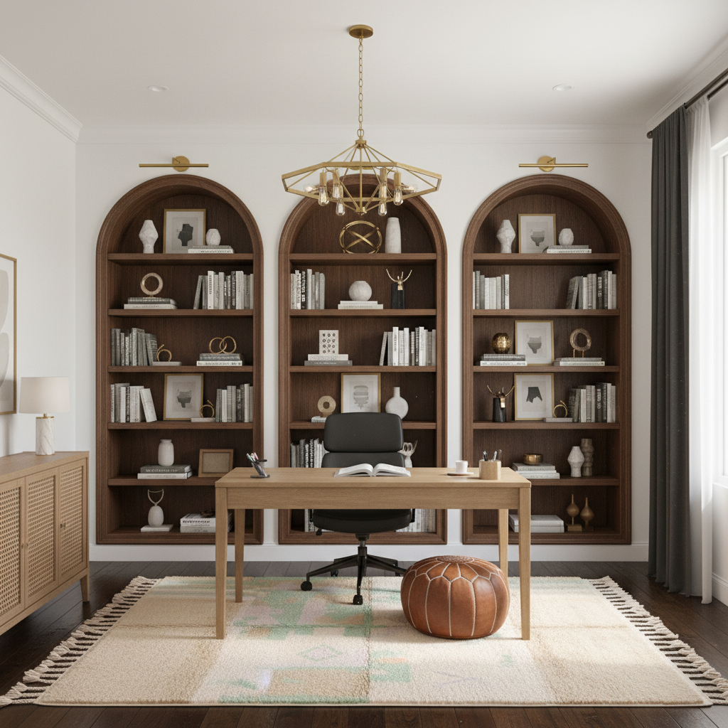A styled home office interior featuring three tall arched wooden bookshelves filled with books and decor, a light wood desk, a black office chair, a brass chandelier, a patterned rug, and a brown pouf on a dark wood floor.