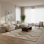 A modern living room featuring a large area rug with wavy pink, sage green, and beige stripes on a cream background. The room is styled with a light beige sectional sofa, a dark wood coffee table, a side table with a lamp, a wooden armchair, and a potted plant.
