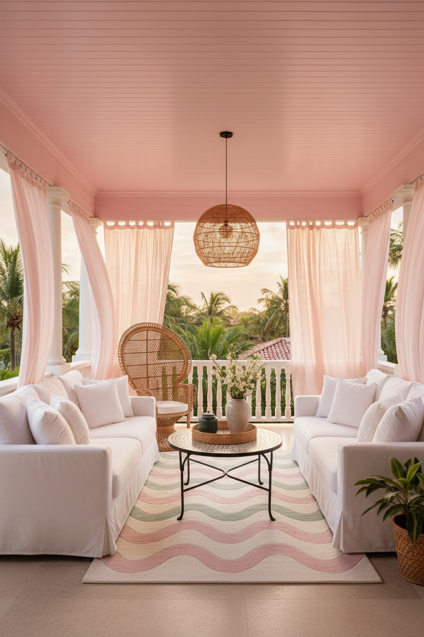 Outdoor patio with white furniture, pink curtains, and a wicker chair.
