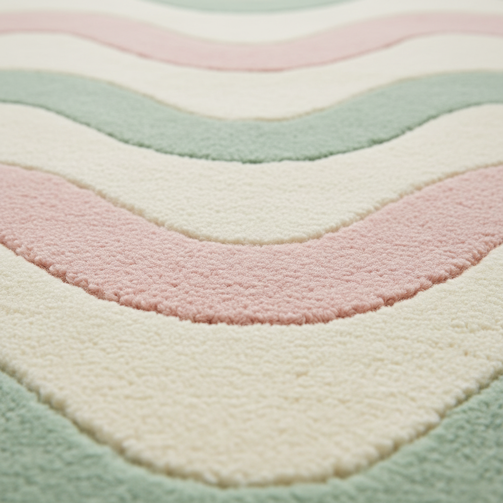 Close-up of a plush, textured fabric with wavy chevron stripes in soft pastel pink, cream, and mint green.