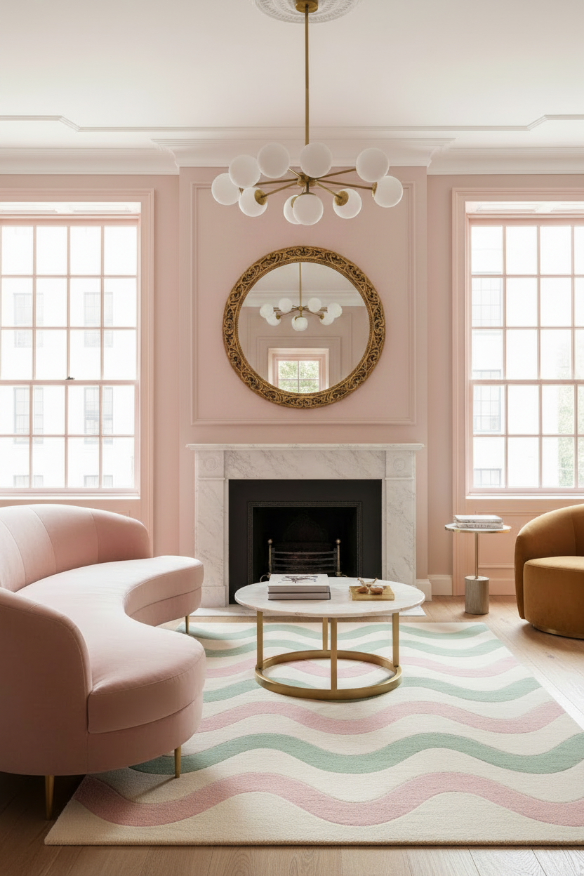 Living room with pink walls, a fireplace, and a wavy patterned rug.