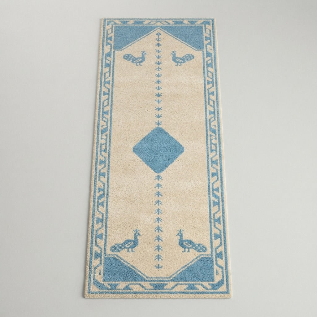 Peacock Sky Procession Hand Tufted Runner Rug - studio photo