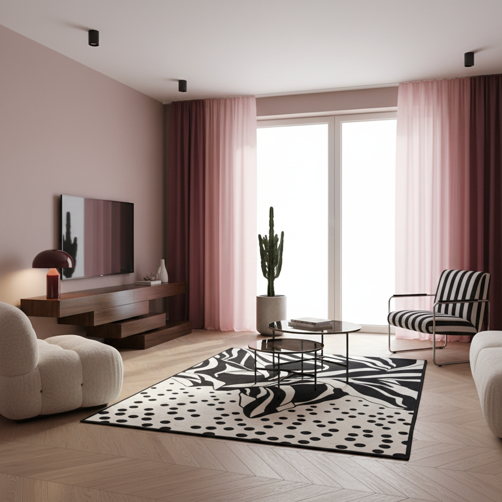 A modern living room with blush pink walls and curtains, light wood herringbone flooring, a black-and-white patterned rug, a wooden media console with a TV, a white boucle chair, a striped armchair, and a potted cactus near the window.