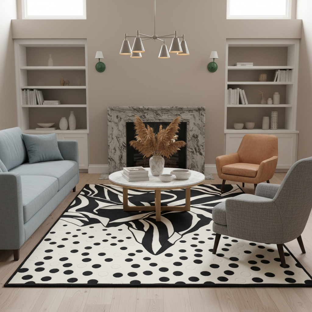 A modern living room featuring a large black and white patterned area rug with black polka dots and abstract leaf motifs. The room includes a light blue sofa, a round white coffee table, a gray armchair, an orange-brown accent chair, a marble fireplace, and built-in white bookshelves.