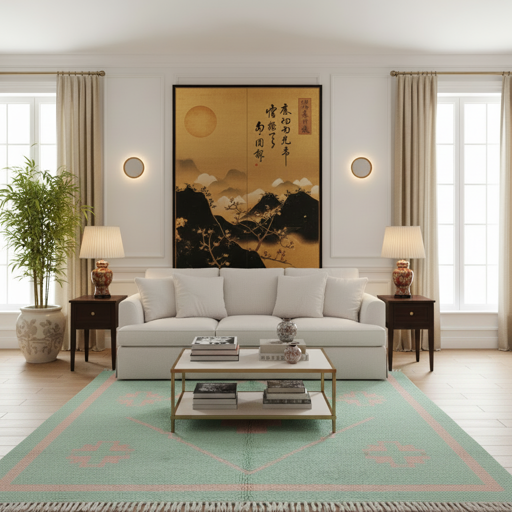 A styled living room featuring a large framed Japanese-style art print with gold, black, and brown tones hanging above a white sofa. The room includes beige walls, window curtains, two matching table lamps on dark wood side tables, a green patterned area rug, and a glass coffee table.