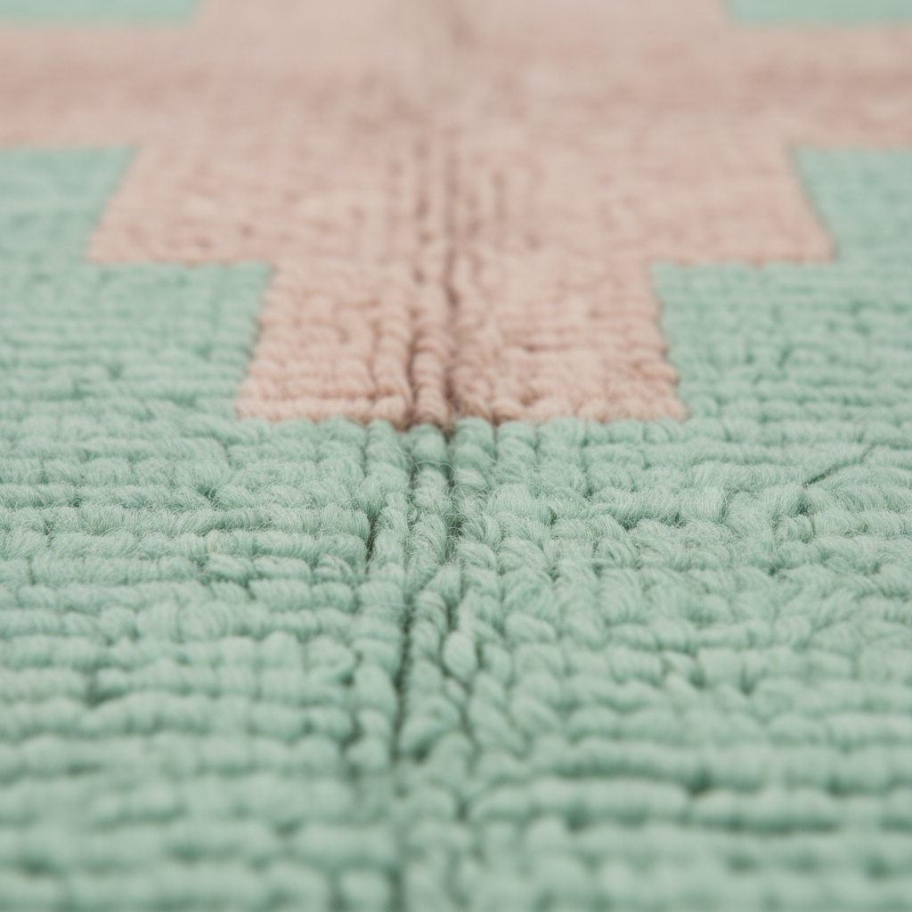 Close-up of a textured plush rug with a geometric pattern in mint green and pale pink.