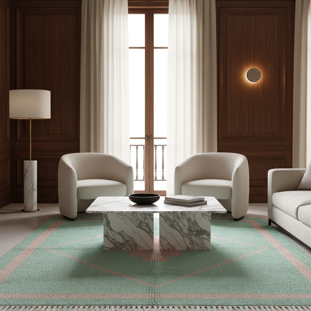A modern living room scene featuring a mint green area rug with a pink geometric border, a white marble coffee table, two cream-colored armchairs, and dark wood paneling.