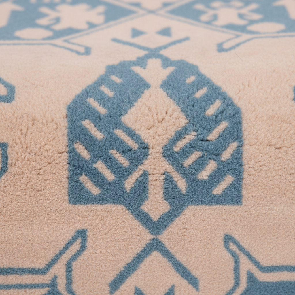 Close-up of a plush rug with a geometric pattern in dusty blue on a warm beige background.
