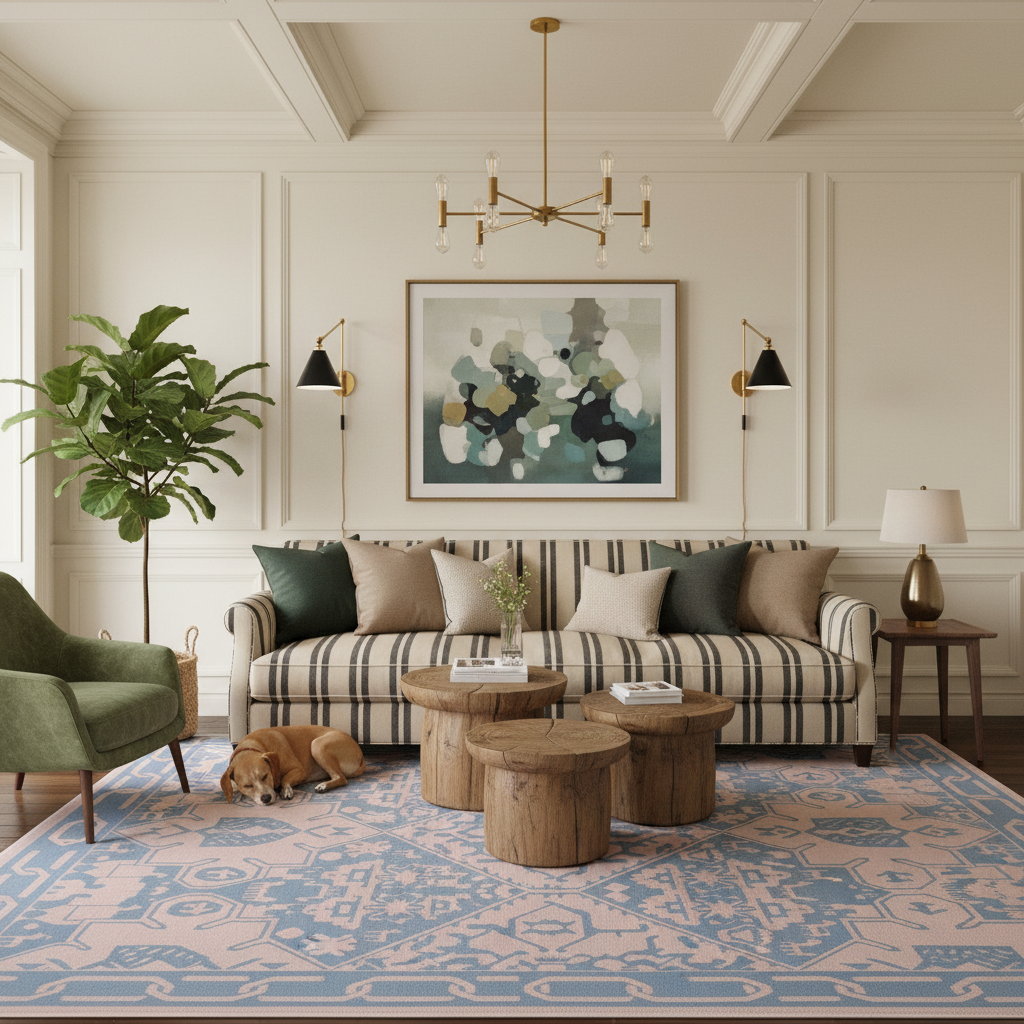 A beautifully styled living room featuring a striped sofa with green and beige pillows, a blue and pink patterned area rug, rustic wooden coffee tables, a green armchair, and a sleeping dog on the floor. A large framed abstract painting hangs on the cream-colored paneled wall.