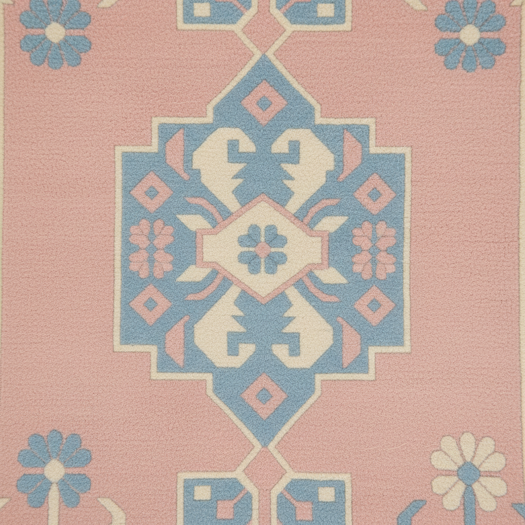 A close-up of a patterned rug featuring a central blue and cream geometric medallion on a dusty pink background, with blue and cream floral motifs in the corners.