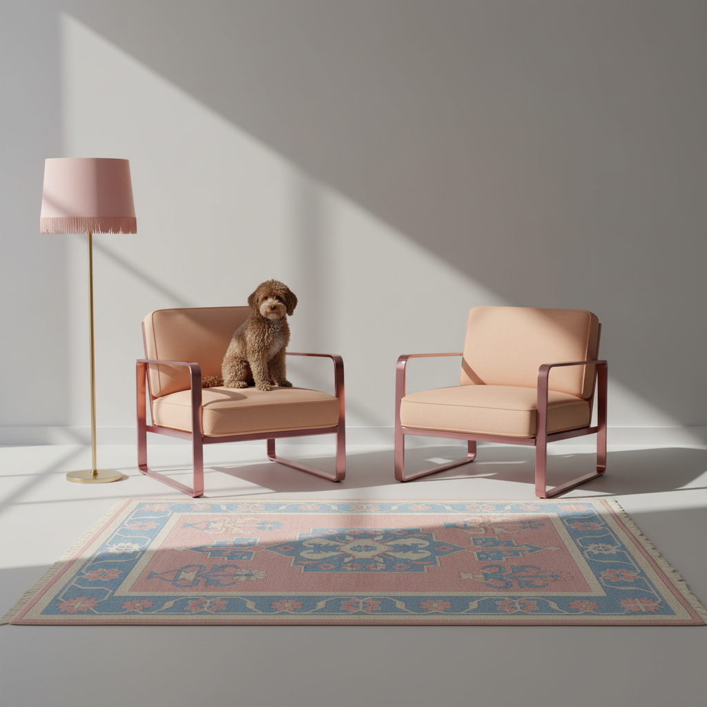 Two blush pink armchairs with rose gold metal frames are arranged in a minimalist room with a small brown dog sitting on one chair. A matching pink floor lamp stands on the left, and a blue and pink patterned rug covers the floor.
