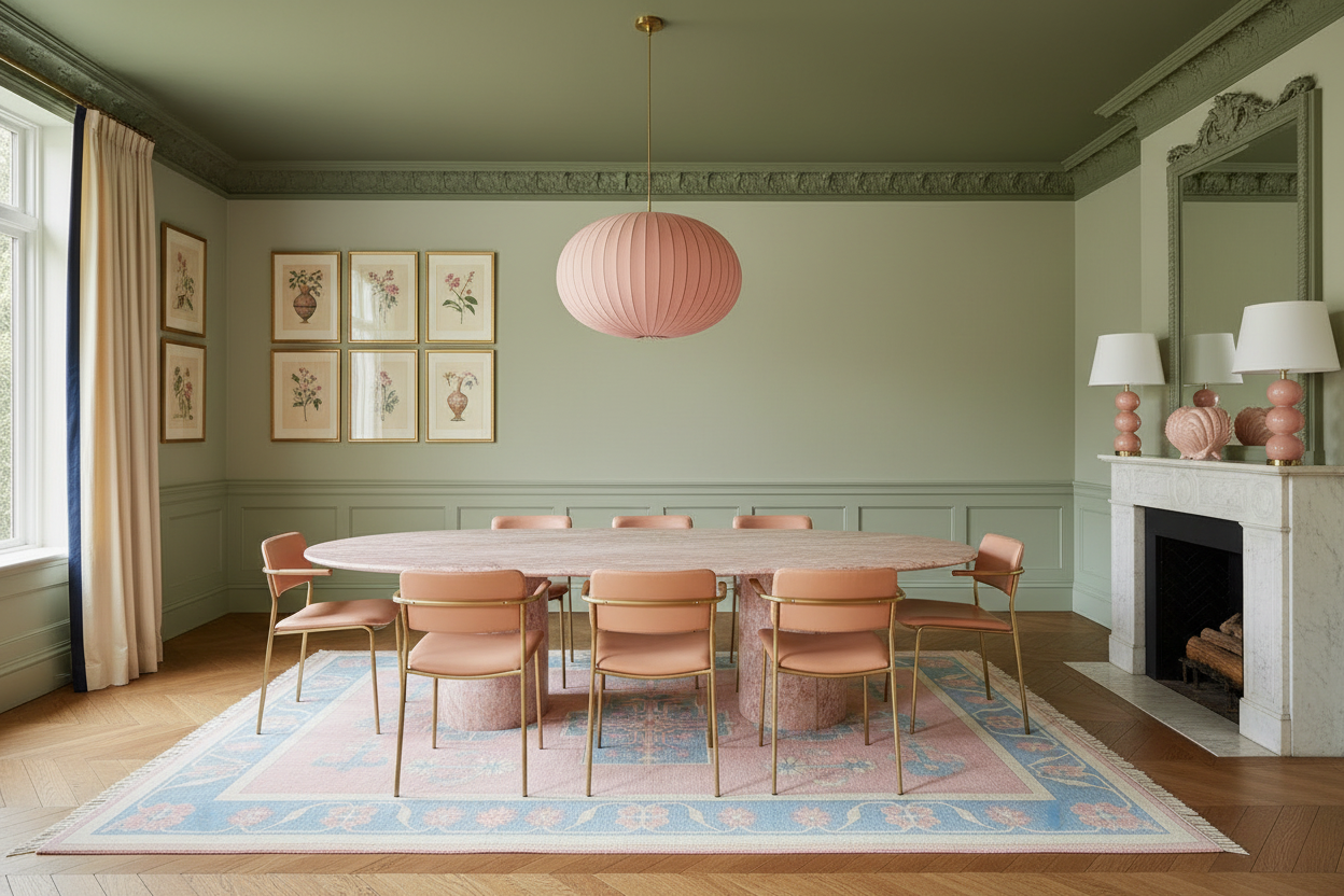 Dining room with a round table and chairs, pink rug, pendant light, and fireplace.