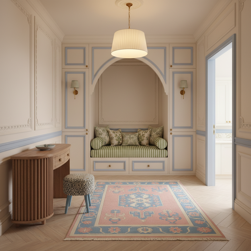 A beautifully styled interior room featuring a built-in bench with striped cushions under an arched niche, a pink and blue patterned rug, a wooden console table, and a patterned stool.