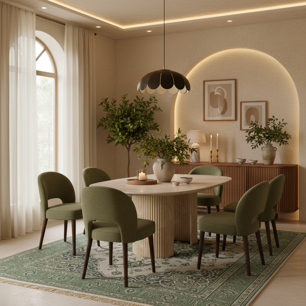 A styled dining room scene with a round light wood table surrounded by six olive green upholstered chairs on a patterned green rug. The room has warm beige walls, a black pendant light, a wooden credenza, framed wall art, and potted plants.