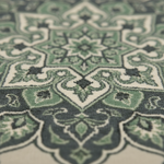 A close-up of a patterned rug with a traditional medallion design in sage green, dark gray, and cream.