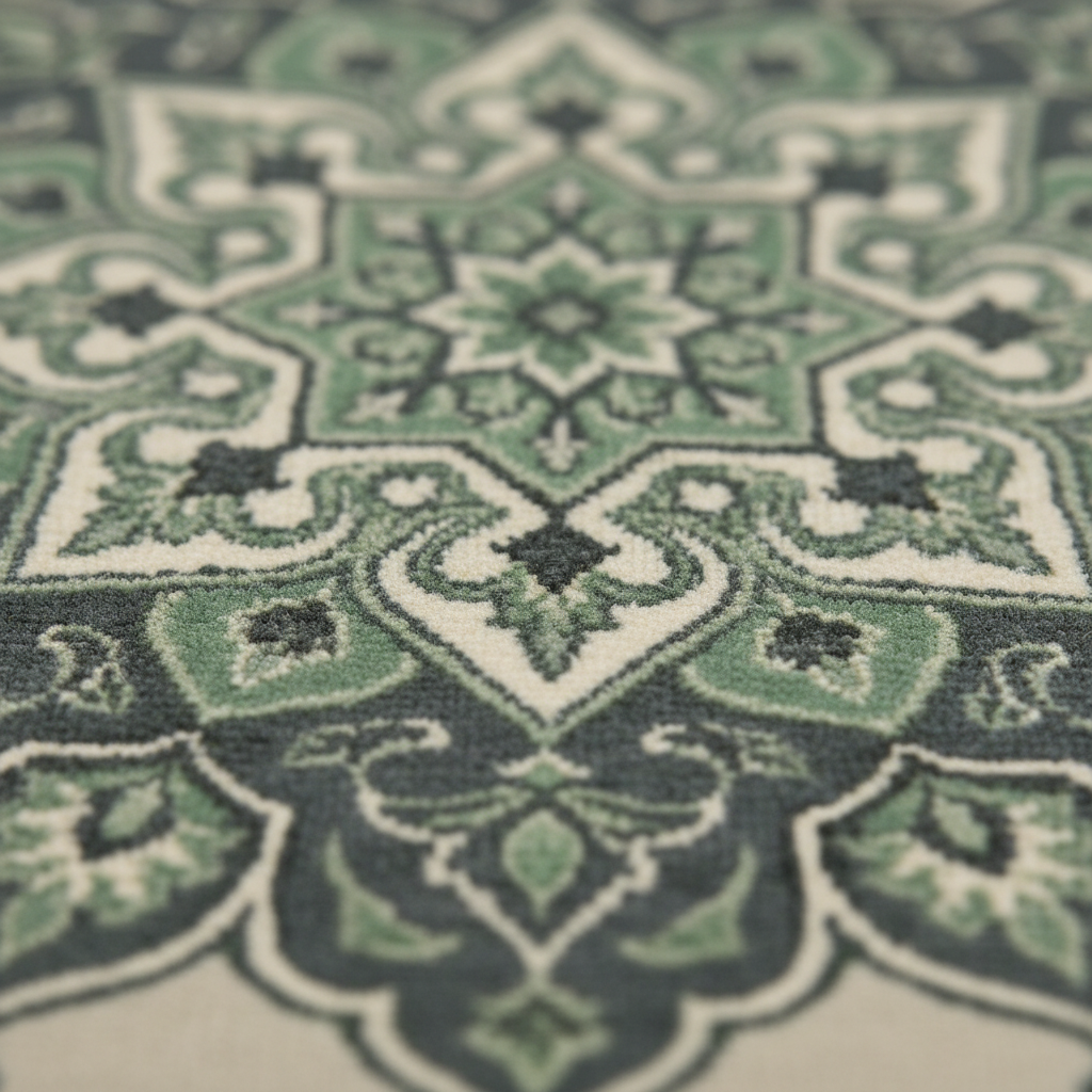 A close-up of a patterned rug with a traditional medallion design in sage green, dark gray, and cream.