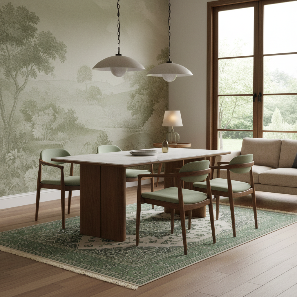 A mid-century modern dining room setup featuring a rectangular wooden table with a white top, surrounded by four green cushioned wooden chairs. The furniture is arranged on a patterned green rug over a light wood floor, set against a wall with a large scenic landscape mural and a large window looking out onto a garden.