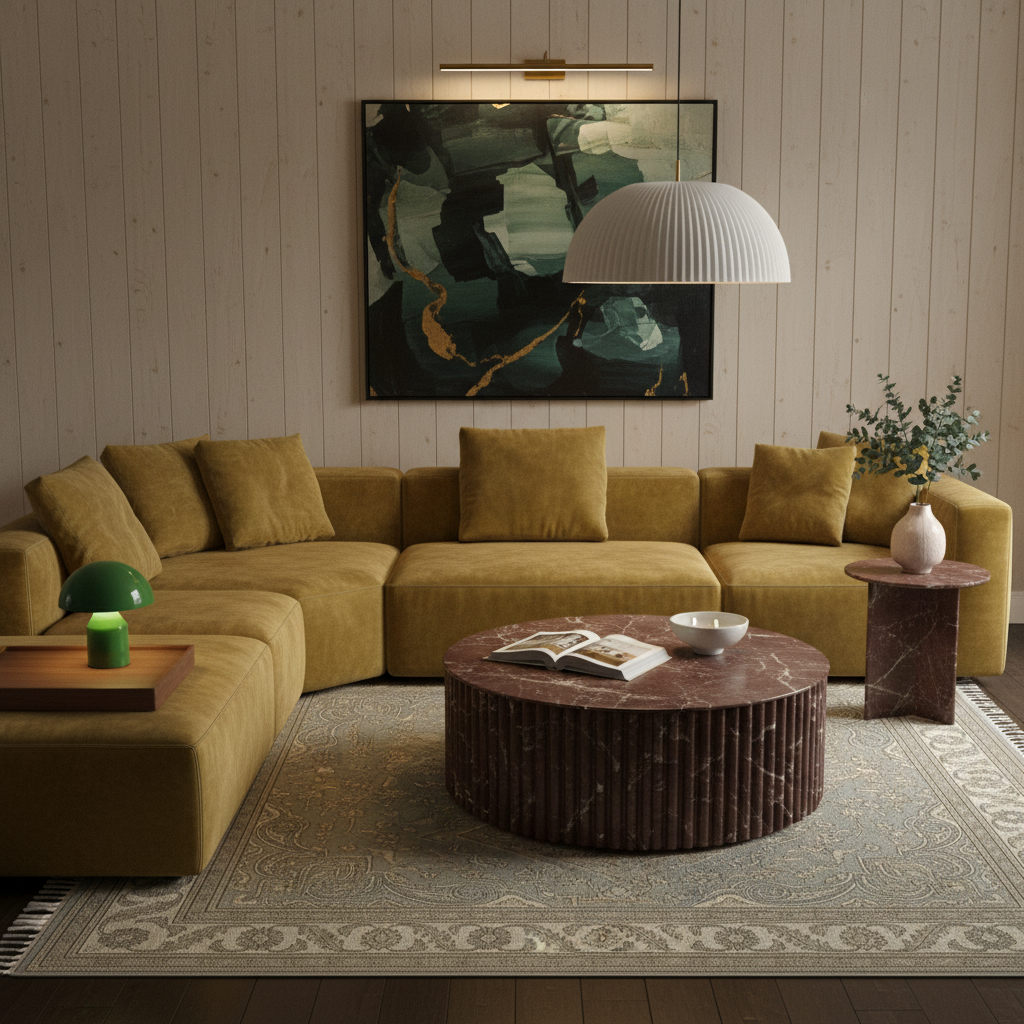 A modern living room featuring a curved mustard yellow sectional sofa, a round dark brown marble coffee table, a patterned area rug, and a large abstract art print on the wall.