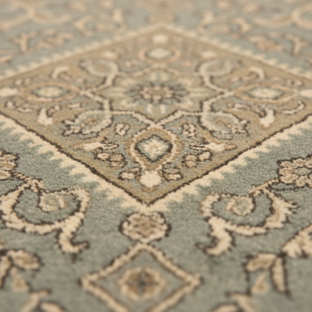 Close-up of a traditional patterned area rug with a dusty sage green background, beige borders, and cream floral motifs.