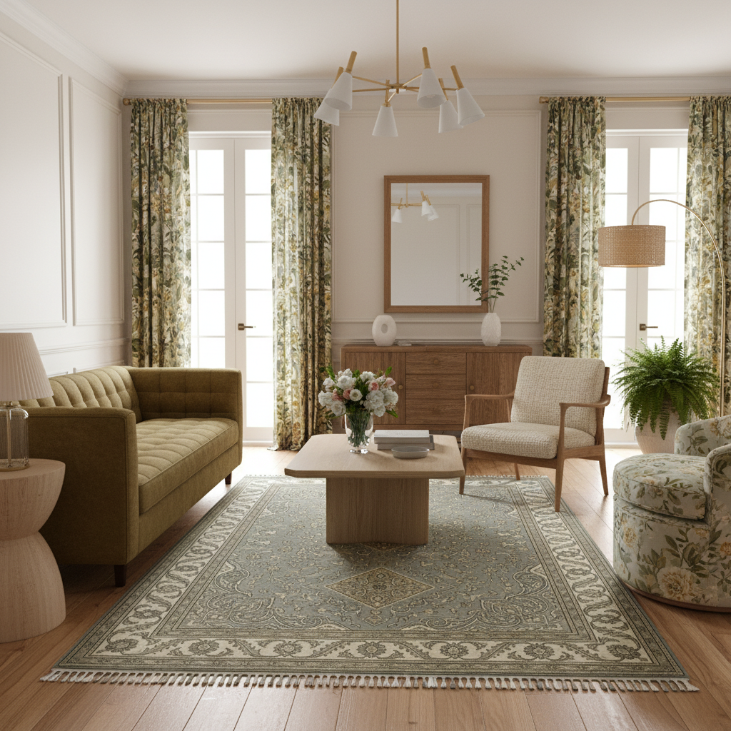 A beautifully styled living room featuring a large traditional patterned area rug in muted green and beige tones, paired with a green tufted sofa, a light wood coffee table, and matching floral curtains.