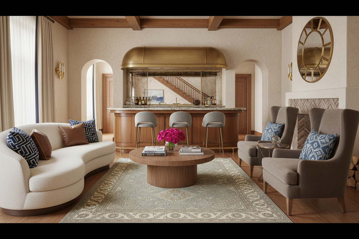 Luxurious living room with a bar area in the background with gray rug.