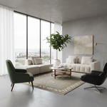 A modern living room interior with a cream sectional sofa, matching armchair, black accent chair, round coffee table, patterned rug, large potted plant, and a concrete wall with abstract wall art.