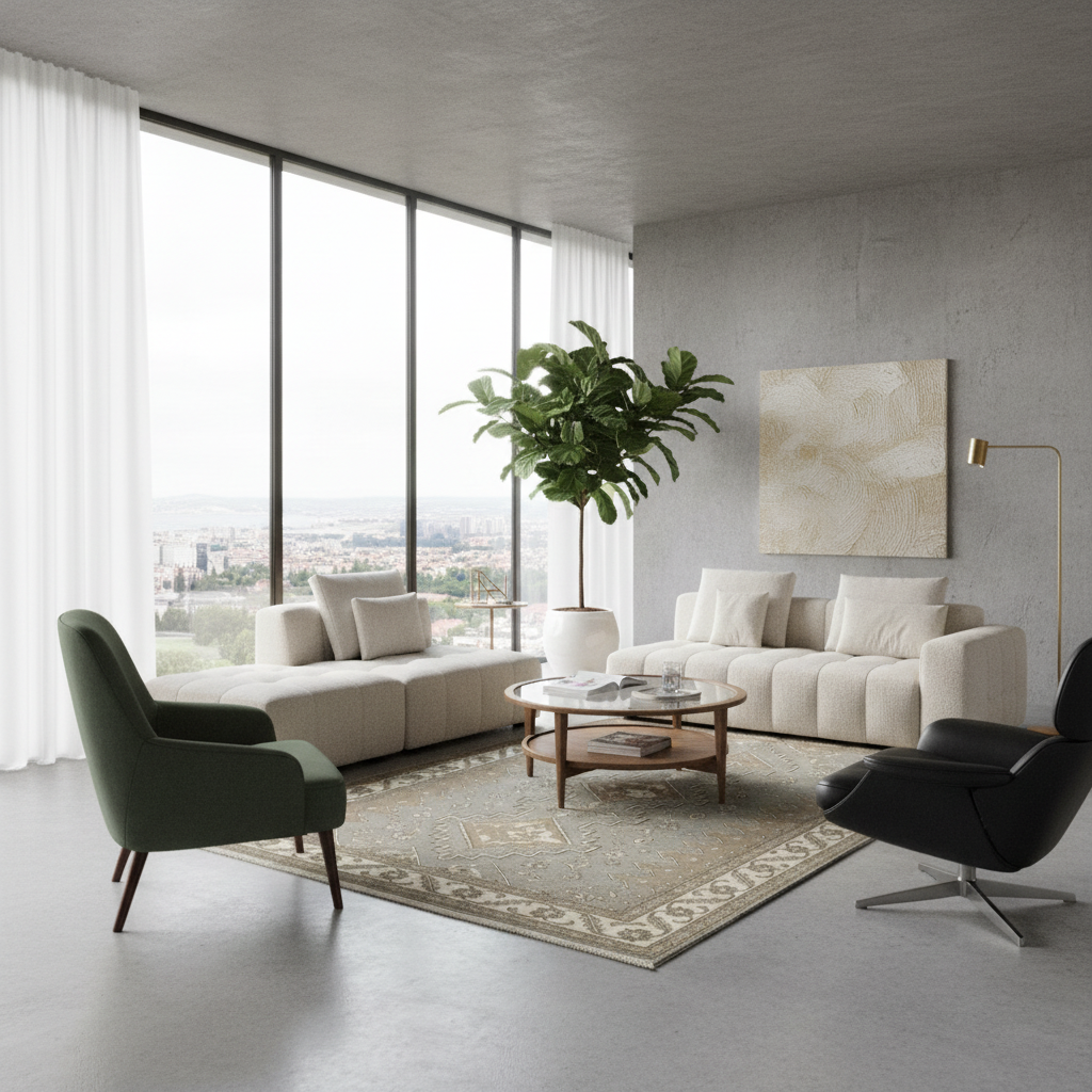 A modern living room interior with a cream sectional sofa, matching armchair, black accent chair, round coffee table, patterned rug, large potted plant, and a concrete wall with abstract wall art.